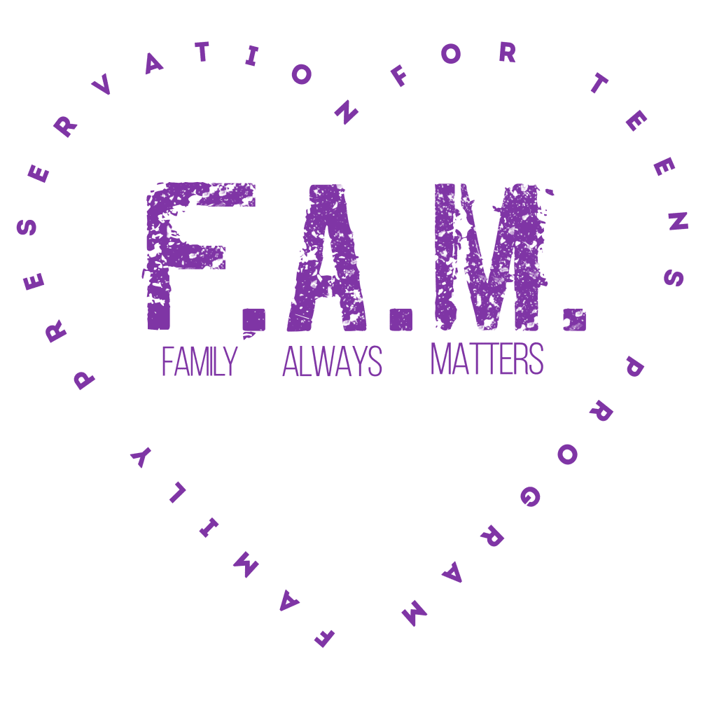 Text "family matters" in large purple letters at the center, with "preservation for the" and "always matters" in smaller text, all against a green background.