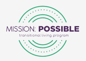Logo of "mission: possible transitional living program" featuring concentric circles and dotted lines in green and purple.