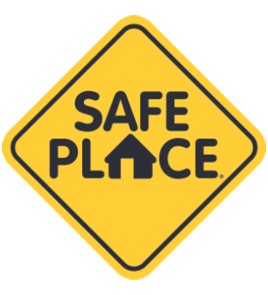 Yellow diamond-shaped sign with "safe place" text and a house icon, indicating a secure location.