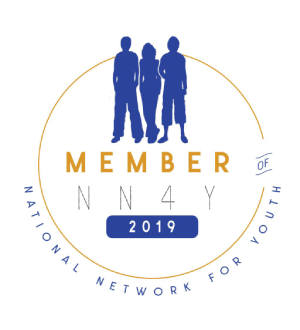 Logo featuring three silhouetted figures and text "member of national network for youth 2019" inside a circular gold and blue border.