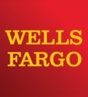 Wells fargo logo with bold yellow text on a red background.