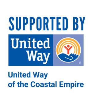 Logo reading "supported by united way of the coastal empire" with the emblem featuring a hand and a person, in blue and yellow colors.
