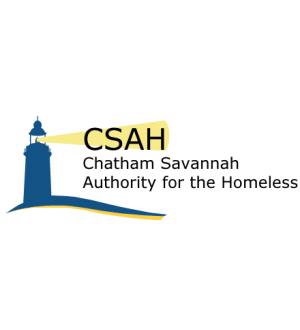 Logo of chatham savannah authority for the homeless featuring a stylized blue lighthouse with a yellow beam and text.