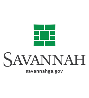Logo of savannah, featuring a green square grid icon above the word "savannah" with the url "savannahga.gov" below.