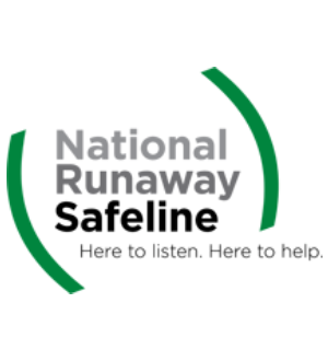 Logo of national runaway safeline, featuring green curves around the text with the tagline "here to listen. here to help.