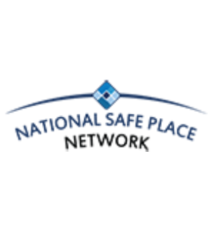 Logo of the national safe place network featuring a blue house inside a diamond shape with the organization's name encircling it.