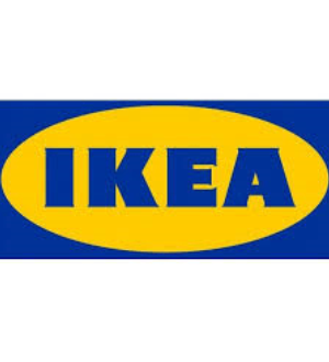 Ikea logo featuring bold, uppercase letters in white against a blue oval, centered within a yellow rectangle.