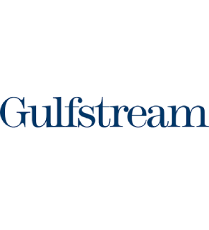 Logo of gulfstream, featuring the company name in blue serif font.