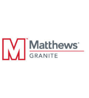 Logo of matthews granite featuring a red and gray 'm' next to the company name with a red horizontal line underneath.