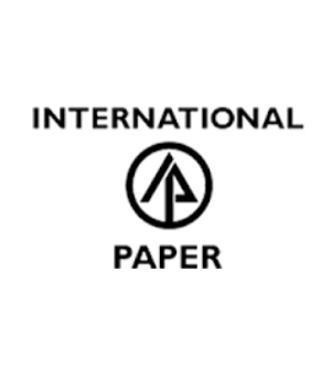 Logo of international paper featuring a stylized tree inside a circle, accompanied by the company name arranged around the top.