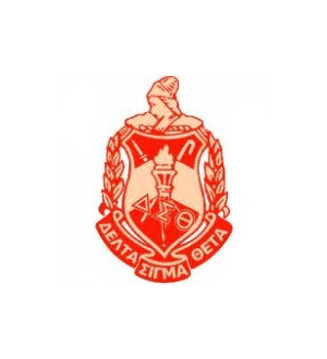 Logo of delta sigma theta sorority featuring a woman, torch, and greek letters in red on a white background.