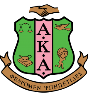 Emblem featuring a shield with aka letters, hand clasp, scale, dove, globe with figure, and a banner with greek text, in pink and green colors.