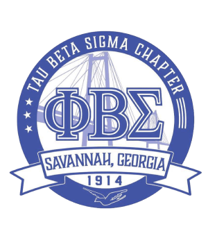 Logo of the tau beta sigma chapter of phi beta sigma fraternity in savannah, georgia, established in 1914, featuring blue and white circular design.