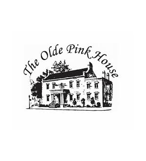 Black and white illustration of an old colonial house with a cat sitting on the roof, titled "the olde pink house.