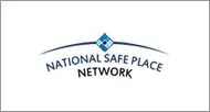 Logo of national safe place network featuring a stylized house icon in blue and text in a curved arrangement.
