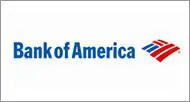 Logo of bank of america featuring its name in blue text with red and blue abstract flag design to the right.