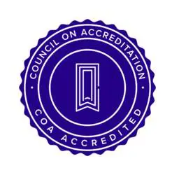 Logo of the council on accreditation (coa), featuring text and an emblem of a door within a circular badge, in blue and white colors.