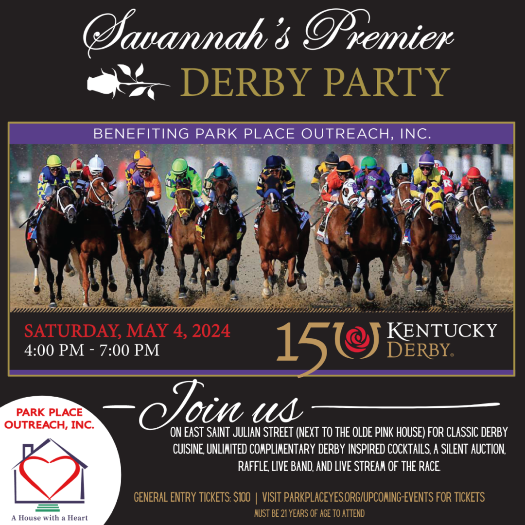 Promotional poster for savannah's premier derby party on may 4, 2024, featuring a colorful image of horses racing, event details, and an invitation to join at park place outreach.