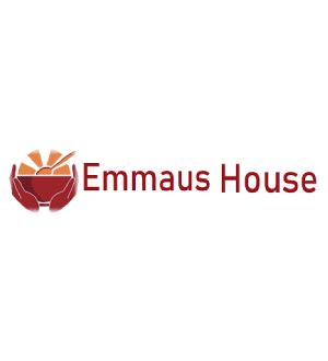 Logo of emmaus house featuring a stylized brown bowl with orange rays and text.