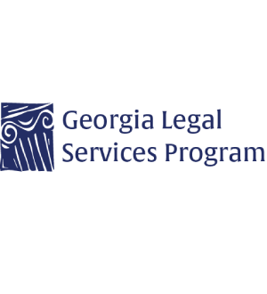 Logo of georgia legal services program featuring an abstract blue column design next to navy blue text.