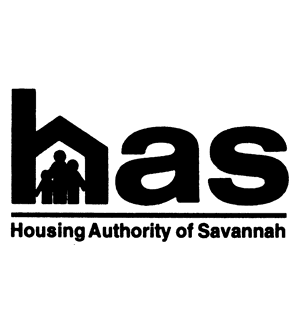 Logo of the housing authority of savannah featuring a stylized house silhouette with a family inside, next to the letters "has.