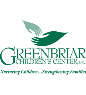 Logo of greenbriar children's center featuring two stylized green hands and text "nurturing children...strengthening families".