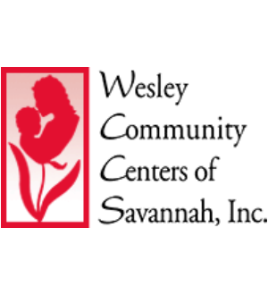 Logo of wesley community centers of savannah, featuring a red silhouette of a woman and child within a pink rectangle next to the organization's name.