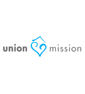 Logo of union mission featuring stylized blue house outline with a heart shape incorporated in the design, accompanied by the name in gray lowercase letters.