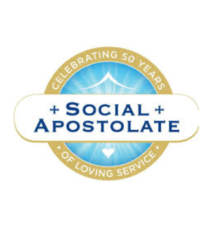 Logo celebrating 50 years of the social apostolate, featuring a blue and white design with a tent-like symbol and text.