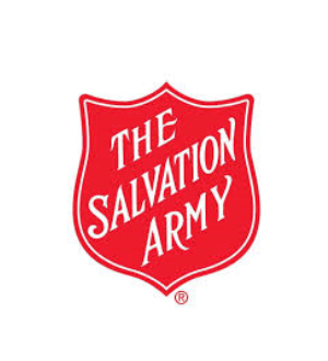 Logo of the salvation army featuring white text on a red shield.