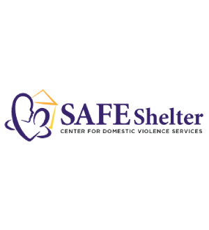 Logo of safe shelter, featuring a stylized heart and house design with the text "center for domestic violence services.