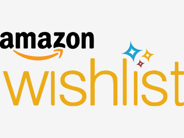 Logo of "amazon wishlist" featuring the amazon smile arrow and two twinkling stars next to the word "wishlist.