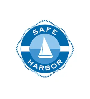 Logo of "safe harbor" featuring a white sailboat inside a blue circle with a rope border.