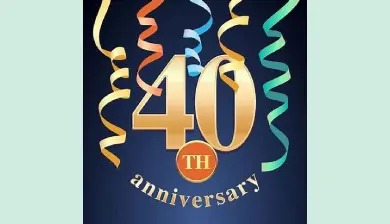 Graphic celebrating the 40th anniversary with metallic numbers and colorful ribbons on a dark background.
