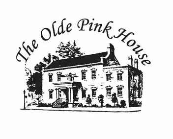 Logo of the olde pink house, featuring a black and white illustration of a historic colonial house with text above.