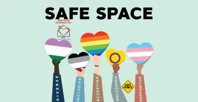 Illustration of hands holding various pride flags with the words "safe space" at the top and labels like "diverse" and "inclusive" on ribbons.