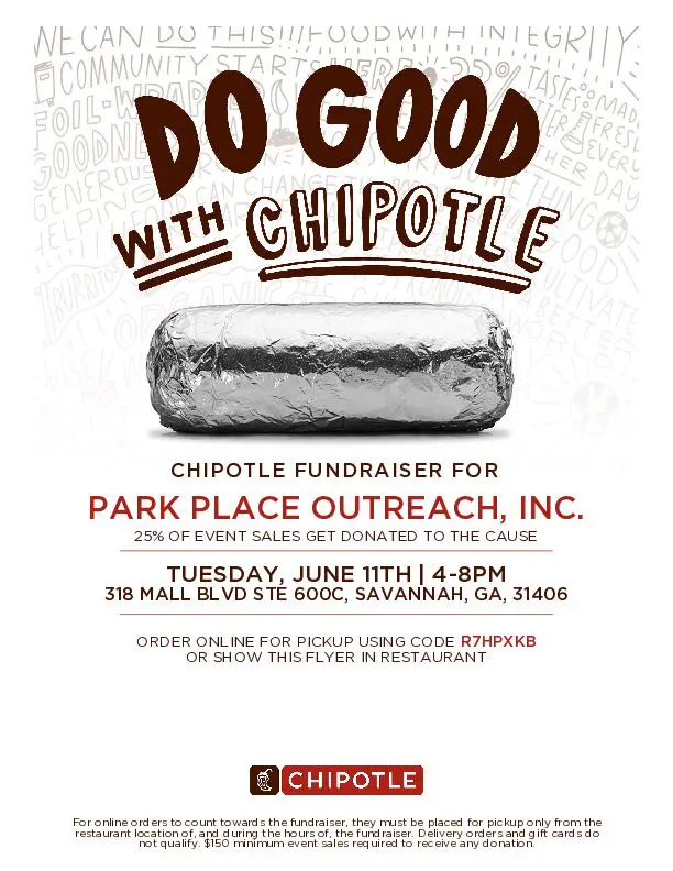 Advertisement for a chipotle fundraiser on june 11th, offering 25% of sales for community support, with details and restaurant location.