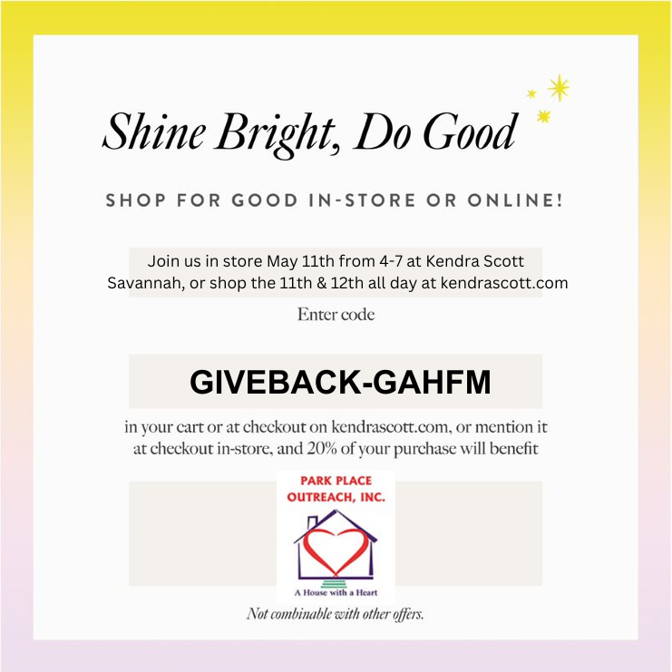 Promotional flyer for kendra scott's charity event "shine bright, do good" with details on dates, location, and shopping code for discounts.