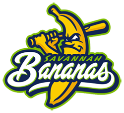 Logo of the savannah bananas showing an anthropomorphic banana swinging a baseball bat, with the team name in bold letters.