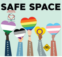 Illustration of diverse hands raising hearts with various pride flags and symbols, labeled with words like "inclusive" and "supportive," under a "safe space" banner.