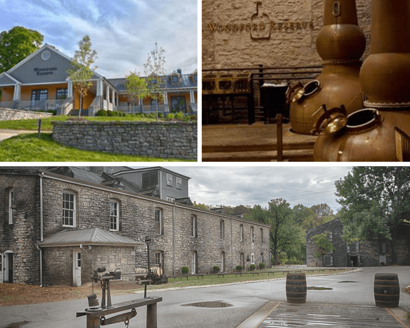 Collage of three images featuring different distilleries: a modern building, aged stone structures, and close-up of whiskey barrels and bottles.